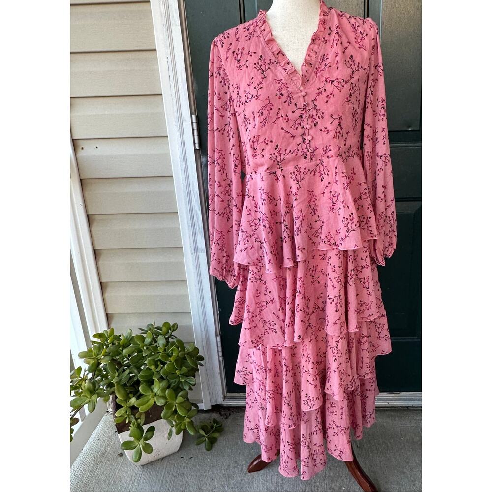 NWT Y.A.S Emily Long Sleeve Tiered Midi Dress Pink Floral Cottagecore Prairie